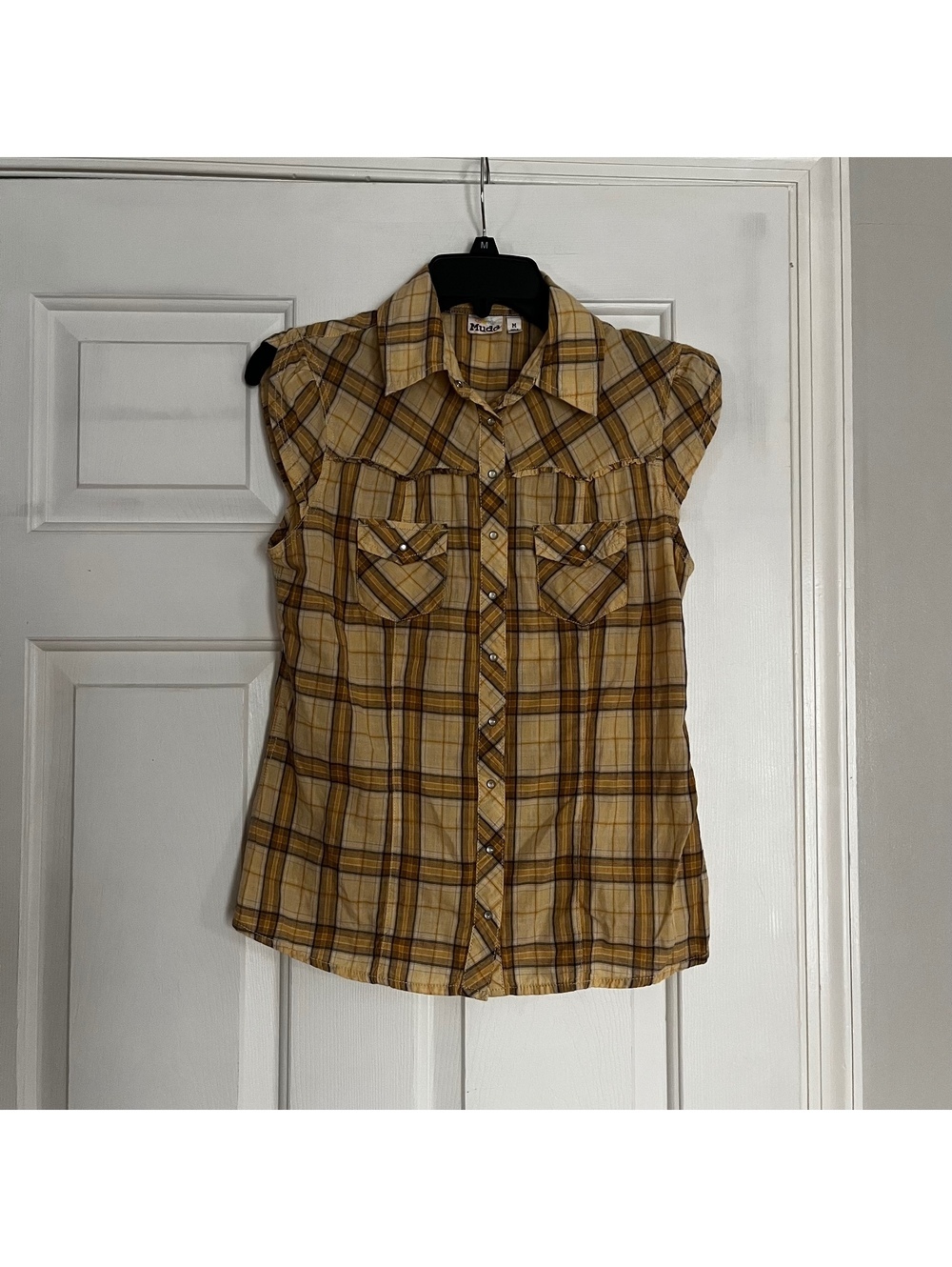 Y2K Mudd Women's Sleeveless Yellow Plaid Button-Up Shirt Medium